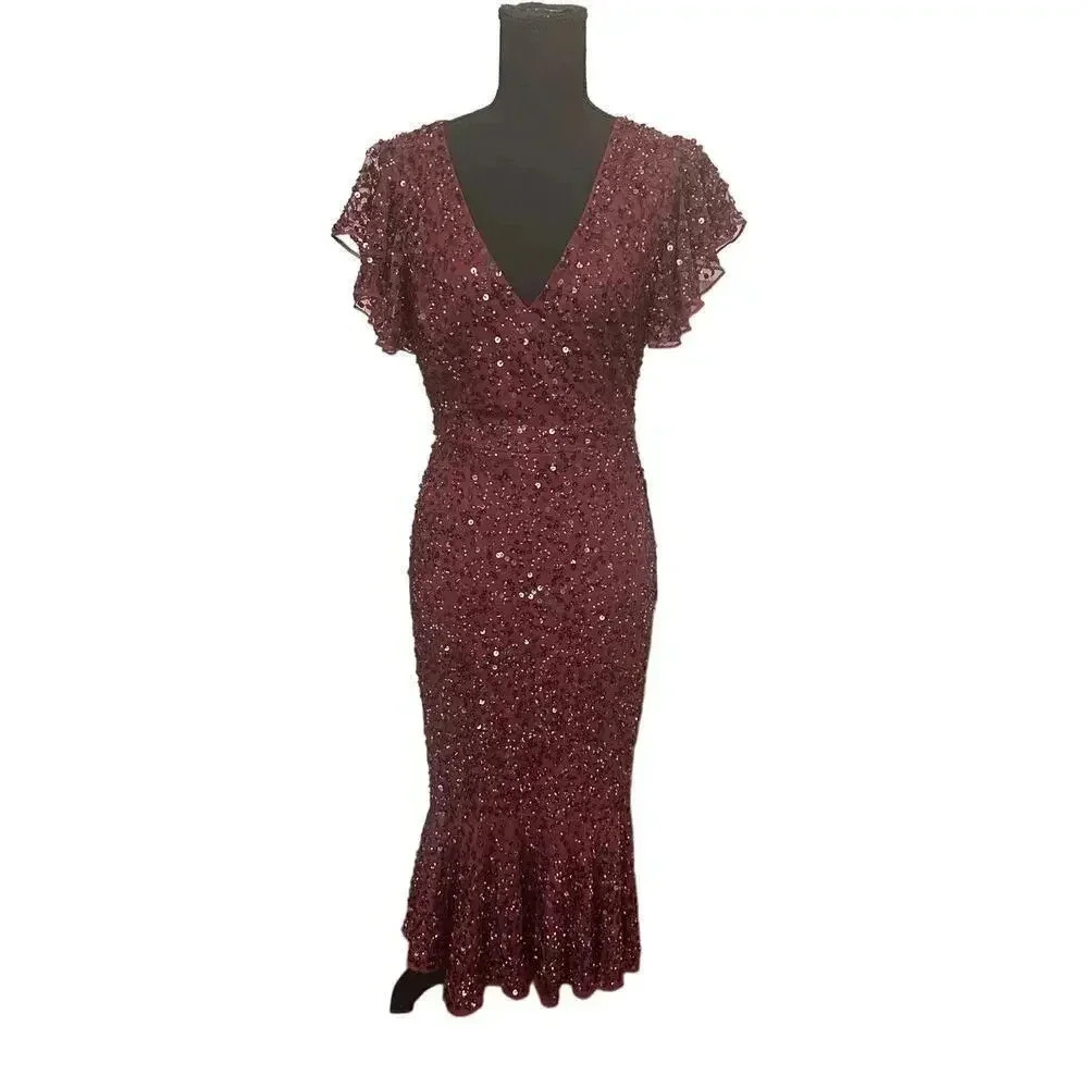 NEW- NWT Mac Duggal SEQUINED V NECK FLUTTER CAP SLEEVE TRUMPET DRESS SZ 0 - Picture 4 of 8